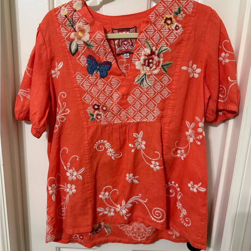 Johnny Was Orange Embellished Short Sleeve Blouse